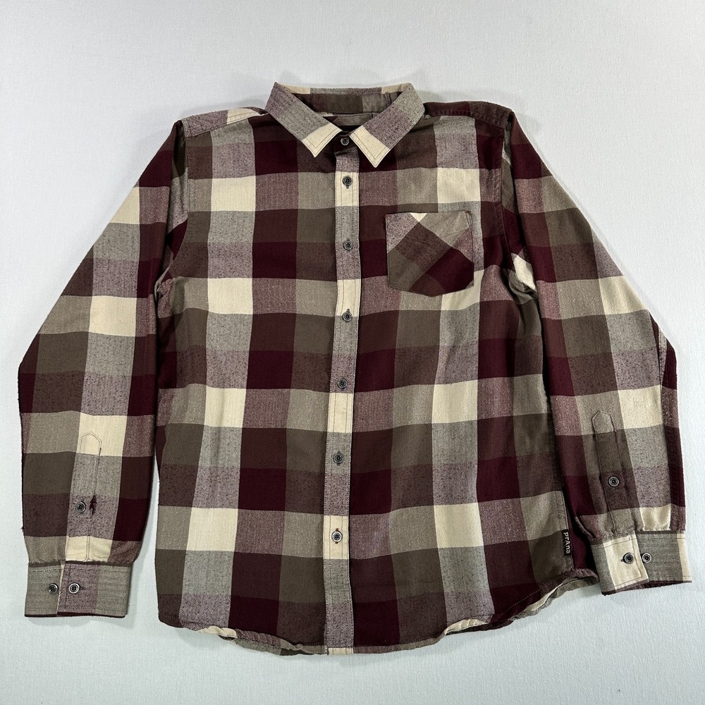 PrAna Montana Mens Size L Plaid Flannel Button Up Long Sleeve Shirt Maroon